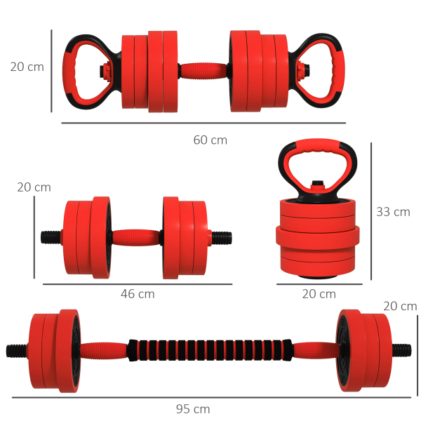 SPORTNOW Conjunto de Halteres 20kg 4 em 1 Conjunto de Pesos com Kettlebell Barra de Pesos para Treino de Força em Casa Ginásio Vermelho - Image 3