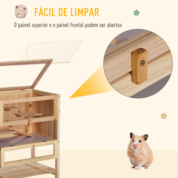 PawHut Gaiola de madeira para hamster com 5 plataformas, rampa dobrável, janela de plexiglass e prateleira inferior 60x40x80 cm - Image 5