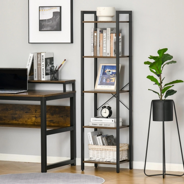 HOMCOM Estante de Estilo Industrial de 5 Níveis Estante para Livros de Armazenamento com Estrutura de Aço para Sala de Estar Escritório Cozinha Dormitório 40x30x154cm Marrom Rústico - Image 2