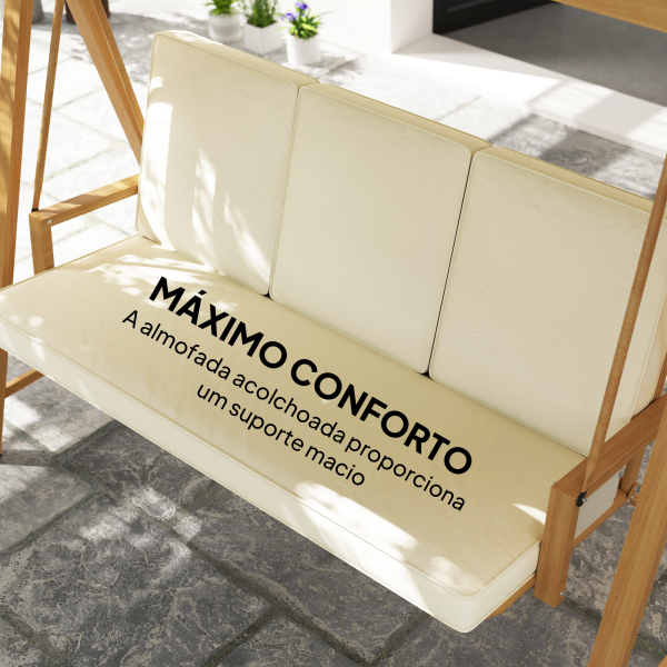 Outsunny Baloiço de Jardim de 3 Lugares com Toldo Ajustável Almofadas e Estrutura com Veios de Madeira 195x120x170 cm Madeira e Creme - Image 6