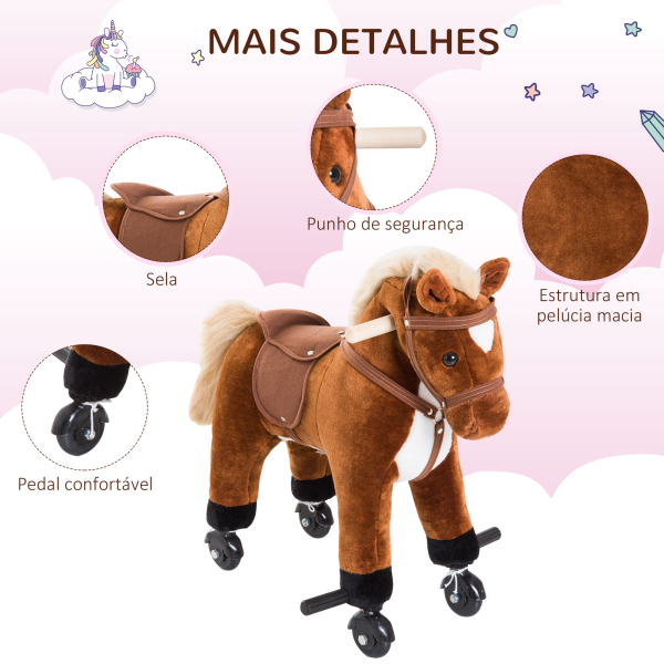 HOMCOM Cavalo para Crianças acima de 36 Meses com Rodas Sons de Relincho e Pedais Carga 60 kg 55x23x60 cm Marrom - Image 7