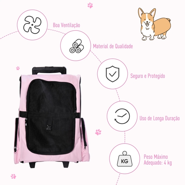 PawHut Transportadora 2 em 1 para Animais de Estimação Mochila ou Carrinho de Viagem para Cães e Gatos com 2 Rodas Alça Retrátil de Alumínio e Bolso de Armazenamento 42x25x55cm Rosa - Image 7