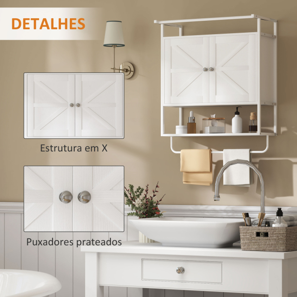 HOMCOM Armário de Parede para Casa de Banho Multiusos com 2 Portas Prateleira e Barra para Toalhas 63x34x75 cm Branco - Image 6