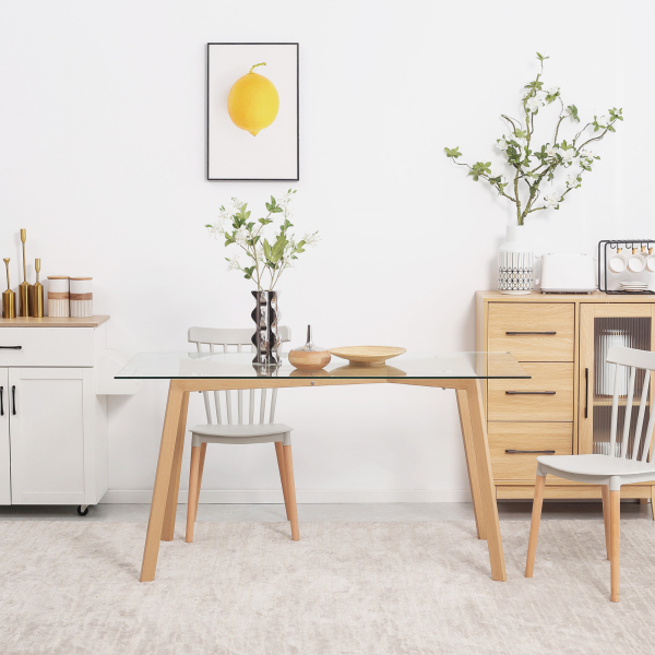HOMCOM Mesa de Jantar para 6 Pessoas com Bancada de Vidro Temperado e Pés de Aço com Efeito de Madeira 150x75x76 cm Transparente e Madeira - Image 7