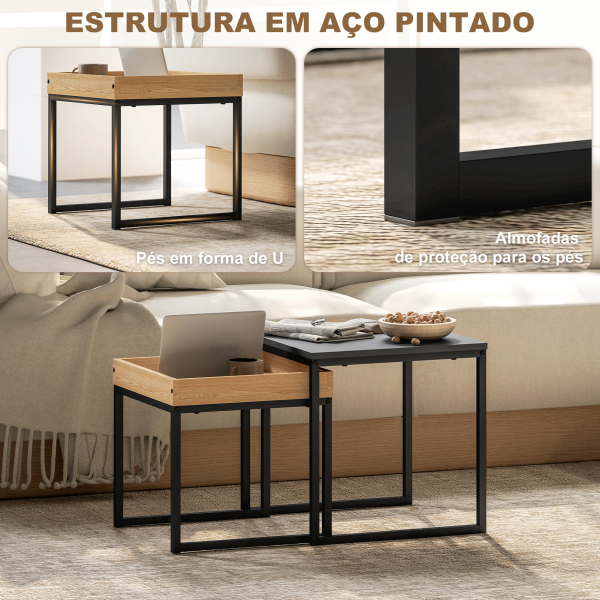 HOMCOM Mesas Auxiliares para Sala de Estar Conjunto de 2 Mesas Mesas de Centro Pequenas Preto e Carvalho - Image 5