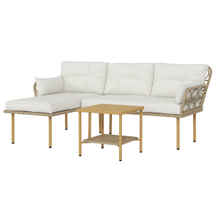Outsunny Conjunto de Jardim de 3 Peças em Vime Sintético com 1 Sofá de 2 Lugares 1 Sofá de Canto e 1 Mesa de Centro Natural e Creme