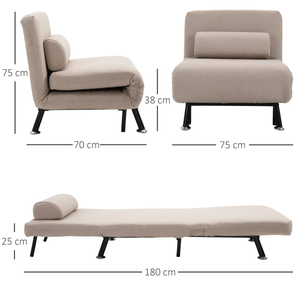 HOMCOM Sofá Cama Individual Dobrável Estofado em Linho com Encosto Ajustável em 5 Níveis e Almofada Acolchoada 75x70x75 cm Bege - Image 3