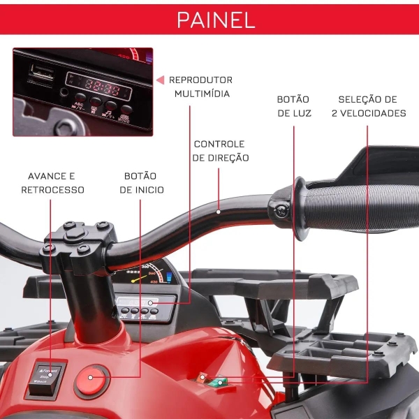 HOMCOM Quadriciclo Elétrico 12V para Crianças de 3-5 Anos com Farol Música Pneus de Suspensão Botões Avance e Retrocesso Veículo Elétrico a Bateria 100x65x73cm Vermelho - Image 5