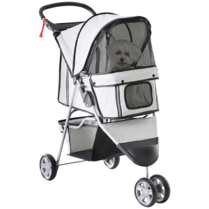PawHut Carrinho para Animais de Estimação Dobrável Carrinho para Cães e Gatos com Rodas Giratórias Cesto e Suporte para Copos 75x45x97cm Cinza