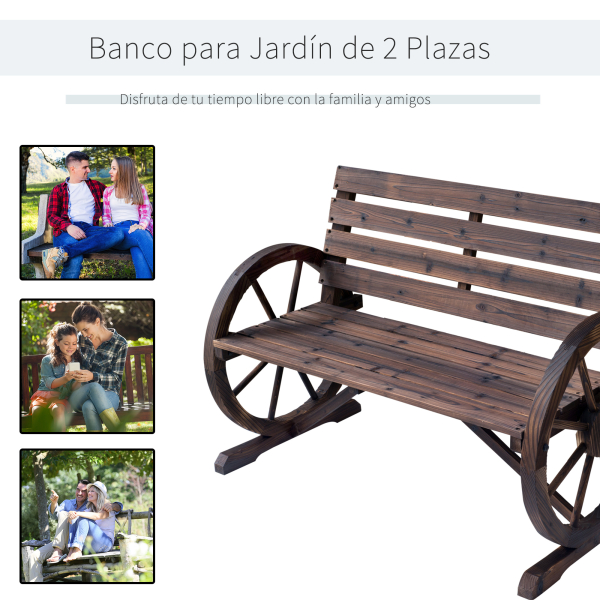 Outsunny Banco de madeira ao ar livre com apoio de braços em forma de roda Vista envelhecida para varanda Terraço 105,5x56x75 cm Marrom rústico - Image 4