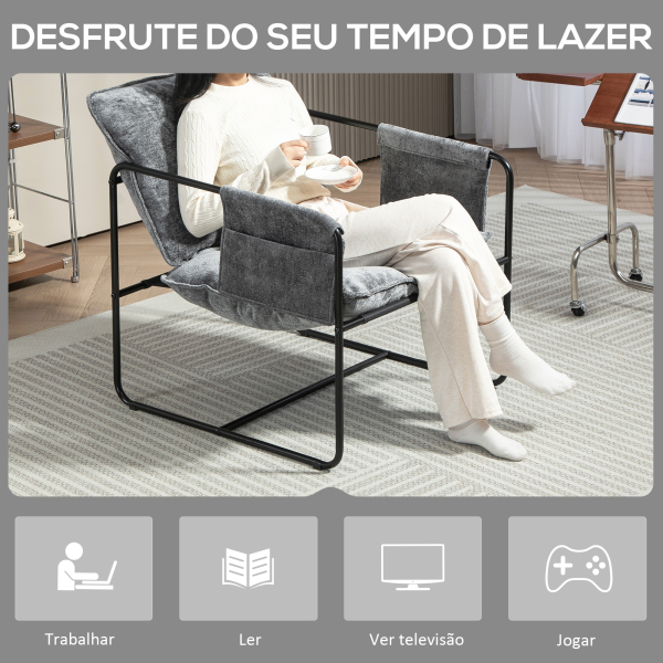 HOMCOM Poltrona Sala de Estar com Apoio para os Braços Bolso Lateral e Estrutura de Aço Poltrona para Dormitório 68x76x81 cm Cinza - Image 7