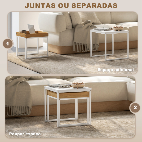 HOMCOM Mesas Auxiliares para Sala de Estar Conjunto de 2 Mesas Mesas de Centro Pequenas Branco e Carvalho - Image 4