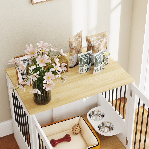 PawHut Gaiola para Cães 2 em 1 Mesa Auxiliar com 2 Portas com Trava Comedouro Giratório de 360° 2 Tigelas 80x55x71,5 cm Branco - Image 8