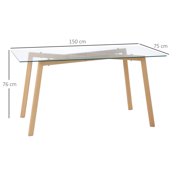 HOMCOM Mesa de Jantar para 6 Pessoas com Bancada de Vidro Temperado e Pés de Aço com Efeito de Madeira 150x75x76 cm Transparente e Madeira - Image 3