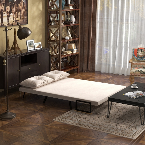 HOMCOM Sofá Cama Sofá Convertível em Cama de 2 Lugares Dobrável com Encosto Ajustável em 5 Níveis e 2 Almofadas 102x73x81 cm Bege - Image 7
