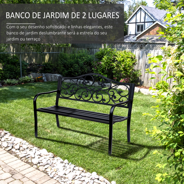Outsunny Banco de Jardim de Aço Banco de Exterior com Encosto e Apoio para os Braços para Pátio Varanda 127x60x89 cm Preto - Image 4