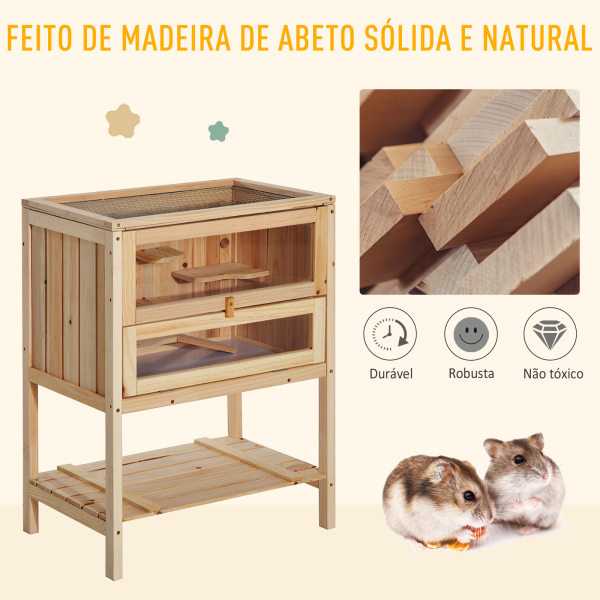 PawHut Gaiola de madeira para hamster com 5 plataformas, rampa dobrável, janela de plexiglass e prateleira inferior 60x40x80 cm - Image 7