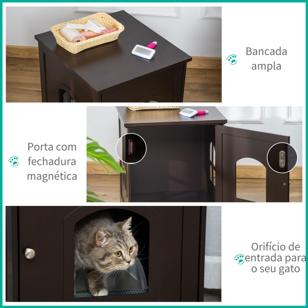 PawHut Casa para Gatos de Madeira Móvel para Caixa de Areia para Gatos 2 em 1 com Armário de Armazenamento Bancada Ampla Porta e 3 Janelas Cruzadas 48,7x53,3x53 cm Marrom - Image 6
