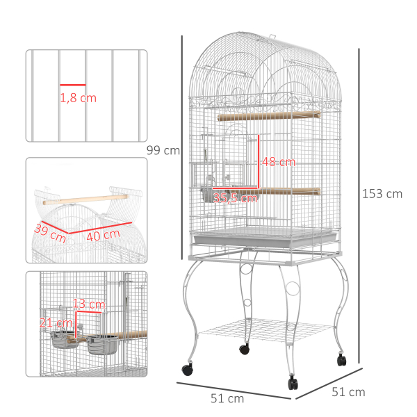 PawHut Gaiola para Pássaros com Rodas Bandeja Amovível Prateleira 2 Comedouros de Aço Inoxidável e Poleiro 51x51x153 cm Branco - Image 3