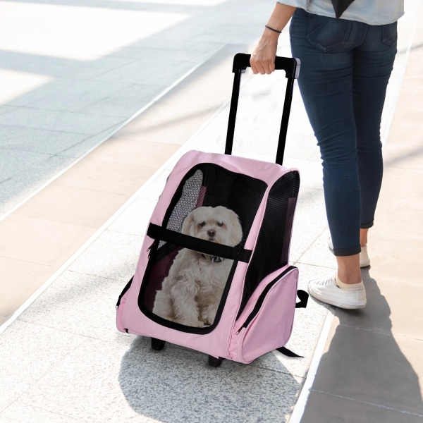 PawHut Transportadora 2 em 1 para Animais de Estimação Mochila ou Carrinho de Viagem para Cães e Gatos com 2 Rodas Alça Retrátil de Alumínio e Bolso de Armazenamento 42x25x55cm Rosa - Image 2