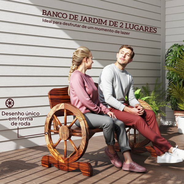 Outsunny Banco de Jardim de Madeira com Apoios de Braço em Forma de Roda Estilo Rústico 110x50x80 cm Nogueira - Image 4
