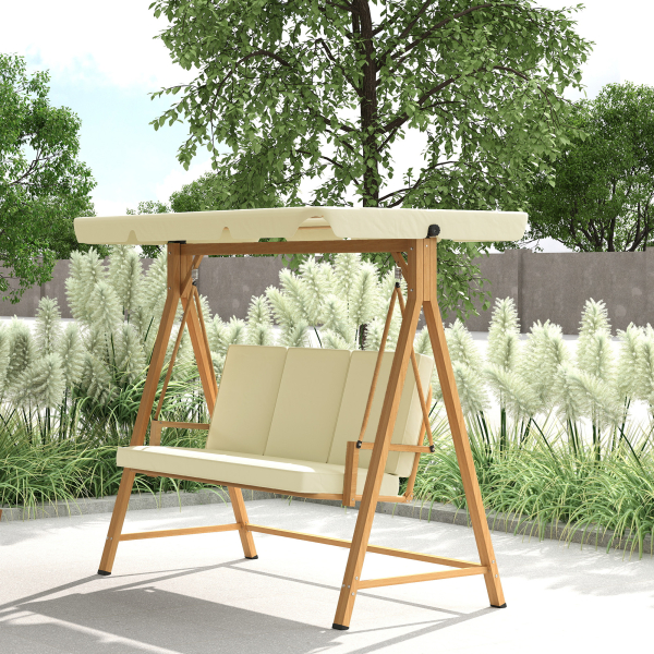 Outsunny Baloiço de Jardim de 3 Lugares com Toldo Ajustável Almofadas e Estrutura com Veios de Madeira 195x120x170 cm Madeira e Creme - Image 9
