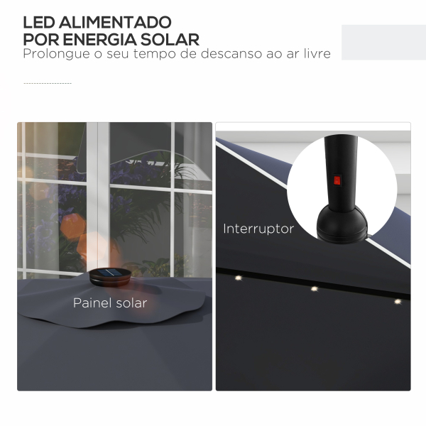 Outsunny Chapéu de Sol de Jardim Ø292x248 cm Chapéu de Sol com Manivela 32 Luzes LED Solares e 8 Hastes Cinza Escuro - Image 4