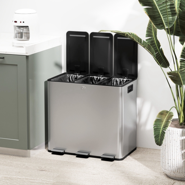 HOMCOM Balde de Lixo de Cozinha com 3 Compartimentos 3x15L com Pedais Tampas com Fechamento Suave e Cubo Amovível Prata - Image 9