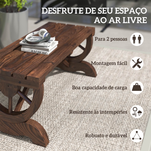 Outsunny Banco de Jardim de 2 Lugares Banco de Madeira com Rodas Decorativas Rústico Capacidade 250 kg 98x50x39,5 cm Castanho Rústico - Image 6