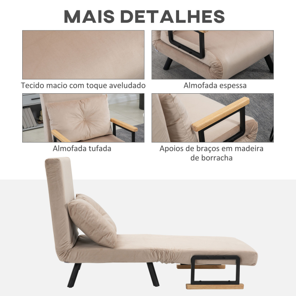 HOMCOM Poltrona Convertível em Cama Poltrona 3 em 1 Convertível em Cama com Encosto Ajustável em 5 Níveis 63x73x81 cm Bege - Image 6