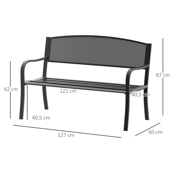 Outsunny Banco de Jardim de 2 Lugares Banco de Exterior com Encosto de Malha de Aço para Pátio Varanda 127x60x87 cm Preto - Image 3