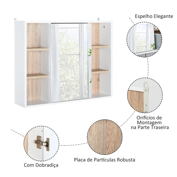 HOMCOM Armário de Espelho com Espaço Interno com Prateleiras Ajustáveis ​​Armário de Banheiro com Prateleiras Abertas 60x14,5x49,4 cm Branco e Carvalho - Image 5