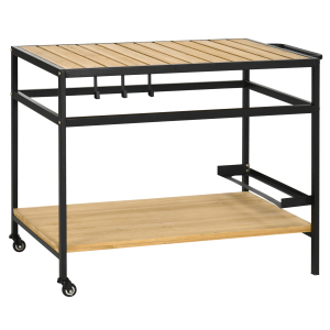 Outsunny Carrinho Multifuncional com Rodas de Madeira Bancada em Ripas 2 Prateleiras 3 Ganchos 107x65x80 cm Madeira