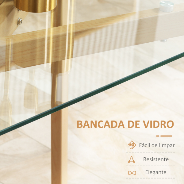 HOMCOM Mesa de Jantar para 6 Pessoas com Bancada de Vidro Temperado e Pés de Aço com Efeito de Madeira 150x75x76 cm Transparente e Madeira - Image 5