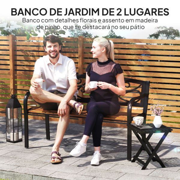 Outsunny Banco de Jardim de 2 Lugares Banco de Exterior com Assento de Madeira e Estrutura de Aço 127x56x80 cm Madeira e Preto - Image 4