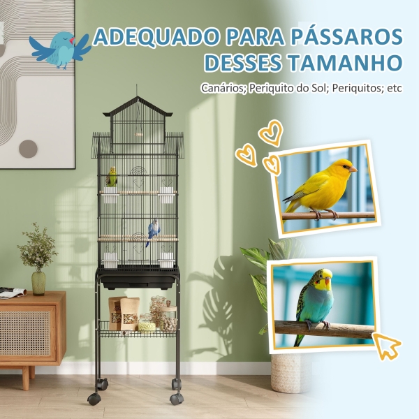 PawHut Gaiola de Metal para Pássaros com Bandeja Amovível Rodas 4 Comedouros 3 Poleiros e 1 Baloiço 50,5x41x163 cm Preto - Image 7
