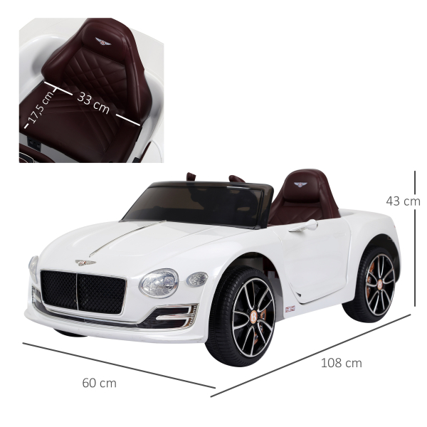 HOMCOM Carro elétrico infantil com licencia de Bentley GT para crianças acima de 3 anos com controle remoto 2 velocidades com faróis musica 108x60x43 cm Branco - Image 3
