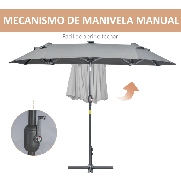 Outsunny Chapéu de Sol Duplo 295x150x219 cm com Luzes LED Solares Teto com Inclinação Ajustável e Manivela Manual para Jardim Cinza - Image 7