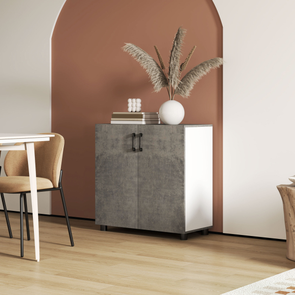 HOMCOM Aparador de 2 Portas de Fechamento Suave Aparador de Sala de Estar com Prateleira Móvel Auxiliar para Cozinha Quarto Entrada 80x37x80 cm Cinza Cimento e Branco Brilho - Image 2