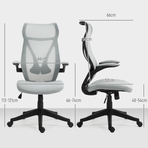 HOMCOM Cadeira de Escritório Giratória com Altura Ajustável Apoio para os Braços Dobráveis e Função Basculante 66x66x113-121 cm Cinza - Image 3