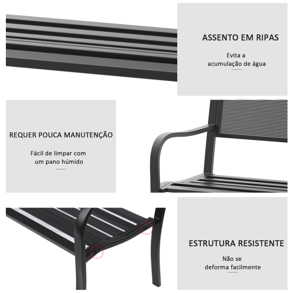 Outsunny Banco de Jardim de 2 Lugares Banco de Exterior com Encosto de Malha de Aço para Pátio Varanda 127x60x87 cm Preto - Image 5