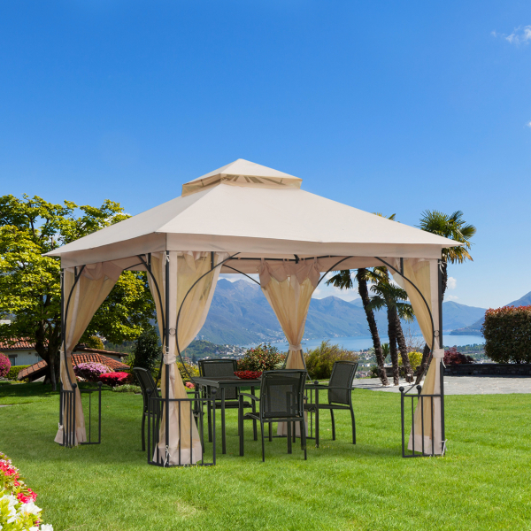 Outsunny Pérgola de jardim 295x295x275cm com 4 cortinas laterais com zíper e telhado duplo com 8 furos de drenagem bege - Image 8