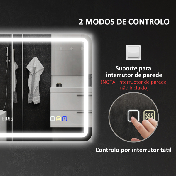 HOMCOM Espelho de Casa de Banho com Luz LED 70x50 cm Bluetooth 3 Cores de Luz Relógio Digital Função Antiembaciamento Memória Prata - Image 9