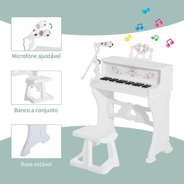 HOMCOM Piano Elétrico Infantil de 37 Teclas Conjunto de Piano com Microfone Banco Luzes e 22 Canções USB/MP3/Bluetooth Karaokê 53,5x27x63cm Branco - Image 6
