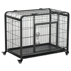 PawHut Gaiola de metal dobrável para cães com rodas e freios Bandeja removível e porta com travas  109,5x71x78 cm Cinza escuro