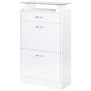 HOMCOM Móvel Sapateira de 2 Portas Sapateira Estreito para 12 Pares de Sapatos com Gaveta Prateleira Aberta e Bancada de Vidro para Corredor Entrada Carga Máx. 50kg 60x24x105,5cm Branco
