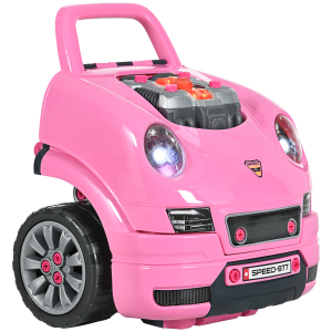 HOMCOM Motor de Caminhão para Crianças com 61 Peças Volante Buzina Faróis Caixa de Armazenamento e Rodas 40x39x47 cm Rosa