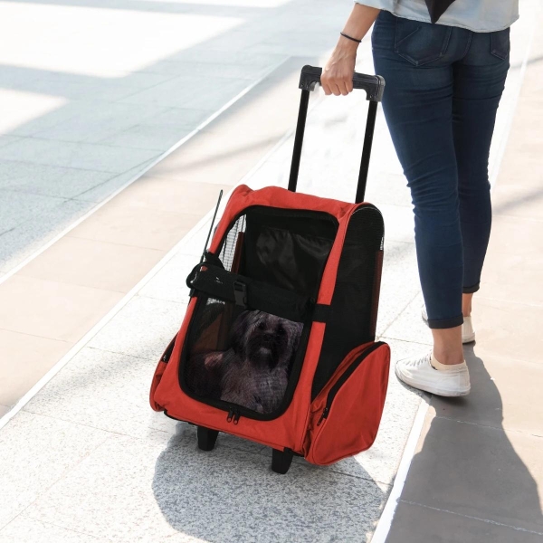 PawHut Transportadora 2 em 1 para Animais de Estimação Mochila ou Carrinho de Viagem para Cães e Gatos com 2 Rodas Alça Retrátil de Alumínio e Bolso de Armazenamento 42x25x55cm Vermelho - Image 2