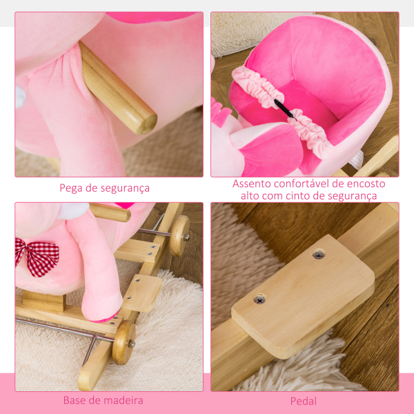 HOMCOM Cavalo Baloiço com Rodas e Forma de Elefante com Músicas Infantis e Cinto de Segurança 60x35x45 cm Rosa - Image 7