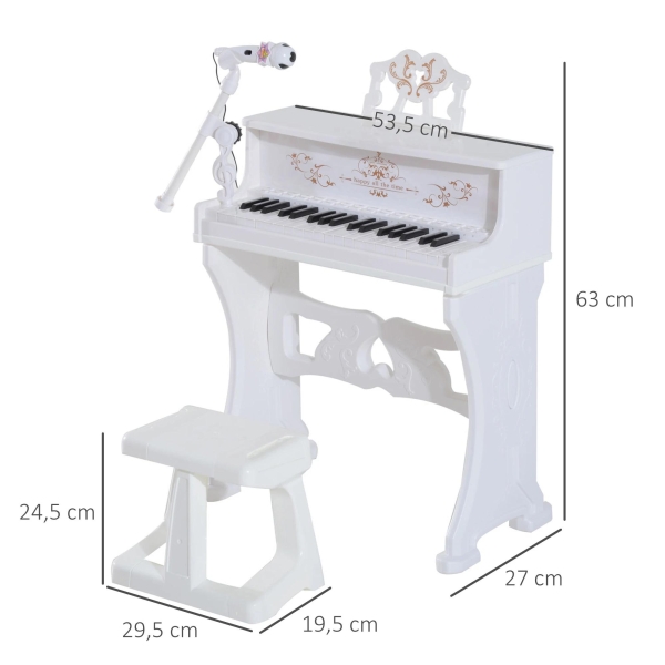 HOMCOM Piano Elétrico Infantil de 37 Teclas Conjunto de Piano com Microfone Banco Luzes e 22 Canções USB/MP3/Bluetooth Karaokê 53,5x27x63cm Branco - Image 3